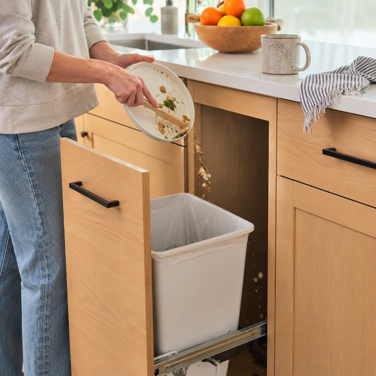 Food scraps missing the pull-out trash bin opening